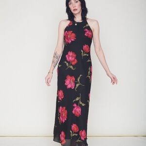 Vintage 90's Floral Noir Hampton Nites Maxi Gown Size 8